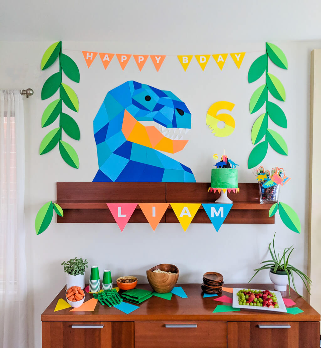 Dinosaur birthday party: Geometric dinosaur party decor, cake & party ideas  - Merriment Design